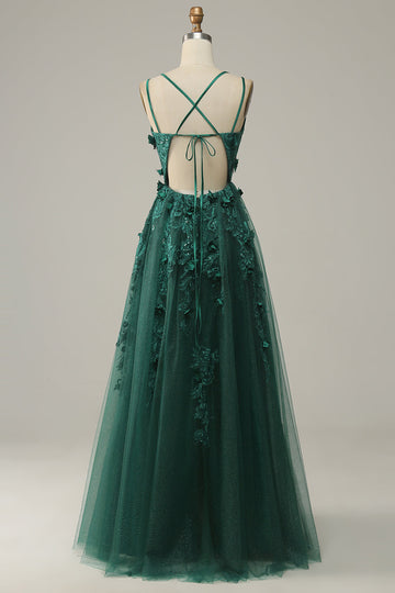 Robe de bal en tulle vert foncé A Line avec fente